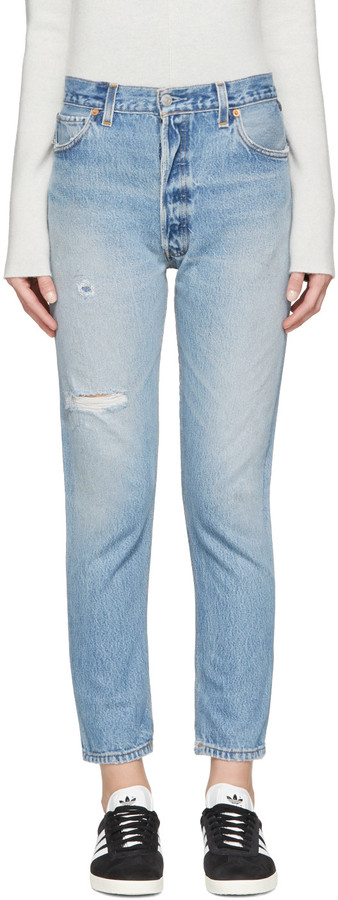 Blue Distressed High Rise Ankle Crop Jeans