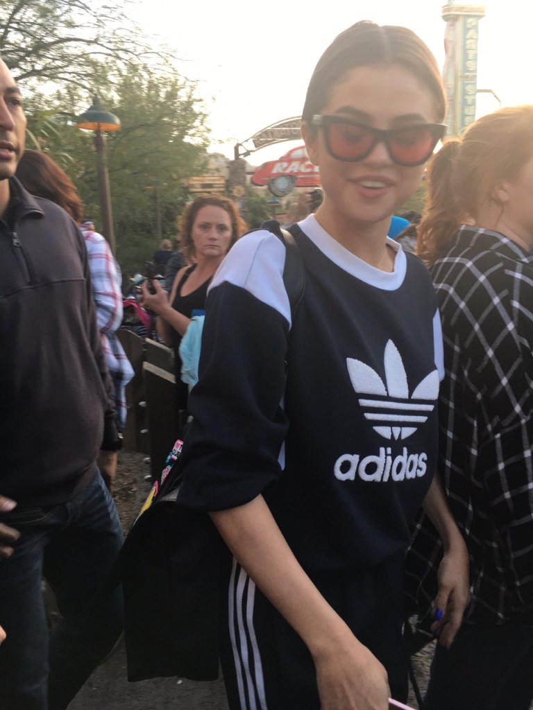 Selena Gomez black and white Adidas Sweatsuit April 2017 Disneyland photo GraceStanchin