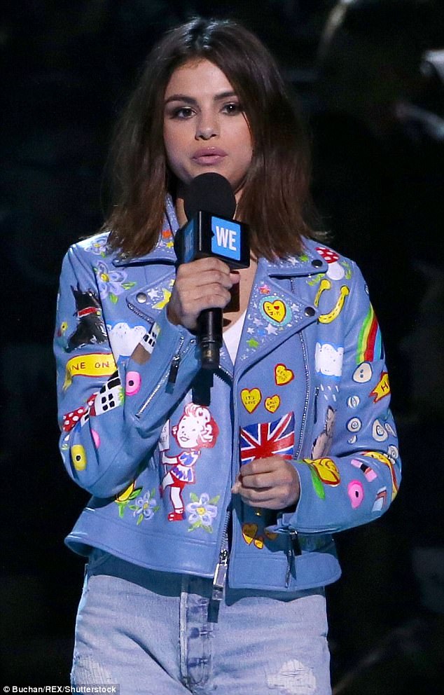 Selena Gomez blue patch biker jacket WE day 2017 photo Buchan REX Shutterstock