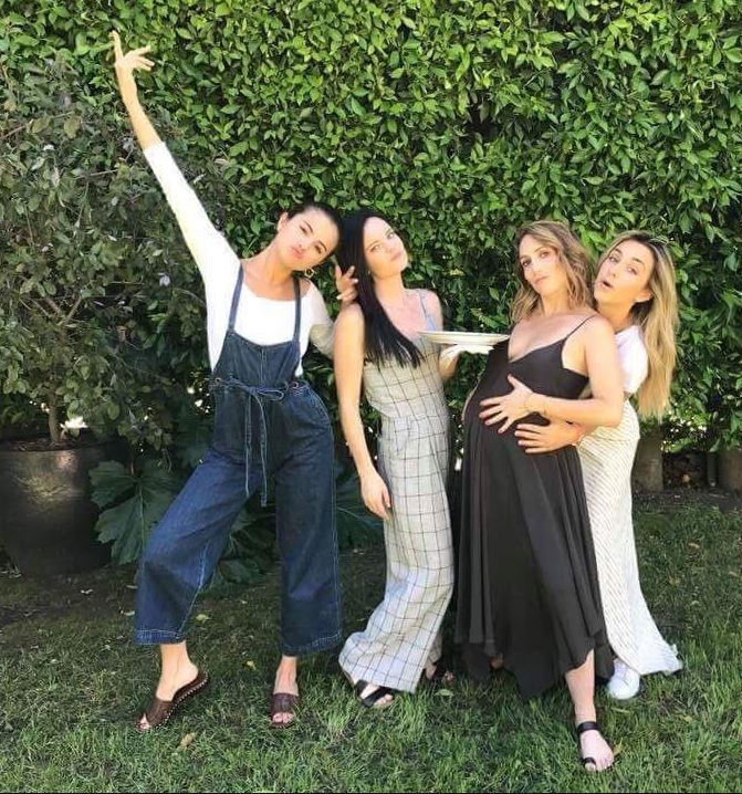 Selena Gomez blue denim dungarees brown slipon May 2017 photo amyrosoffdavies