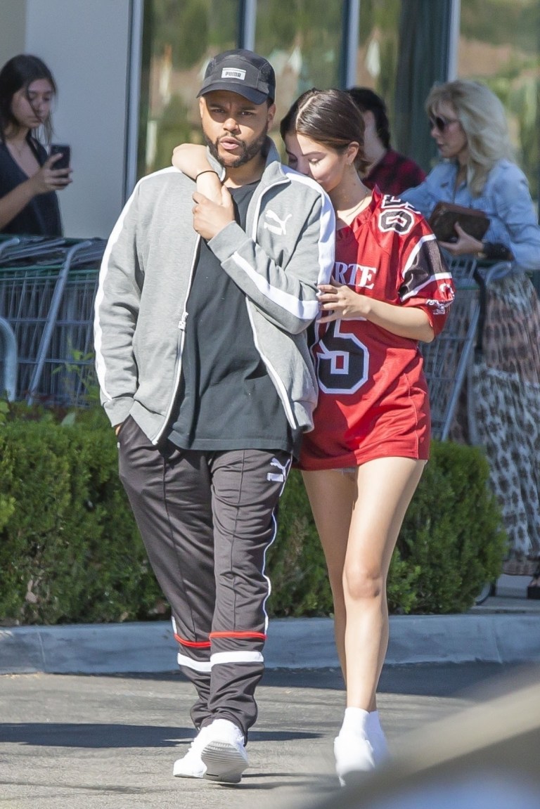 Selena Gomez style 2017 red number 5 football jersey with The Weeked August 2017