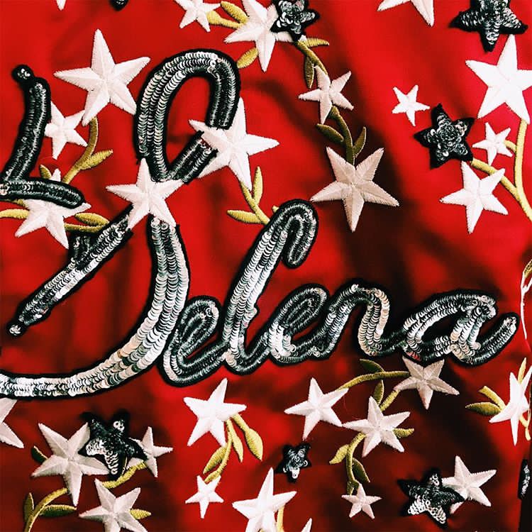 Selena customised Coach satin jacket photo Kate Young