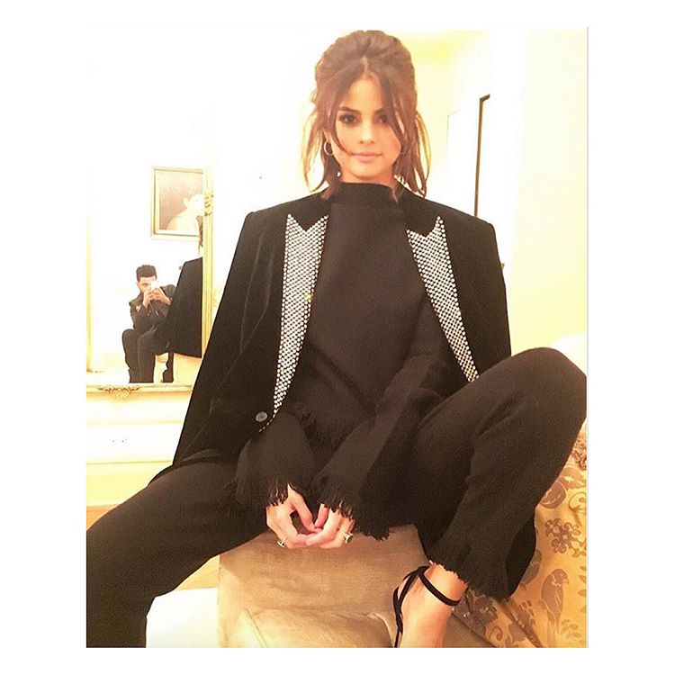 Selena Gomez black top and trousers with tuxedo jacket photo theweeknd Selena Gomez style September 2017