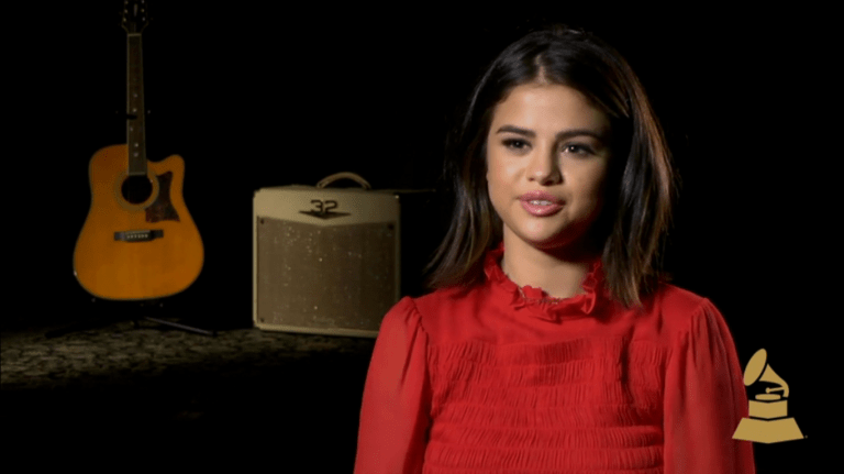 Selena Gomez red ruffle neck dress Grammys September 2017 Selea Gomez style 2017