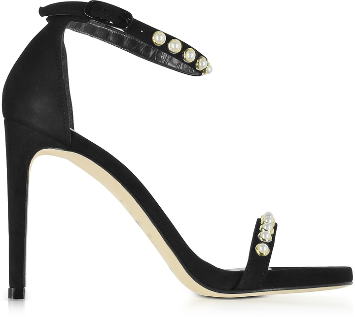 Stuart Weitzman Nudistpearls Black Suede High Heel Sandals