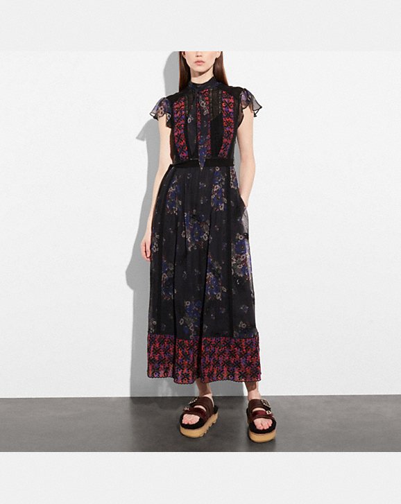 Coach Mixed Print Lacework Dress With Necktie