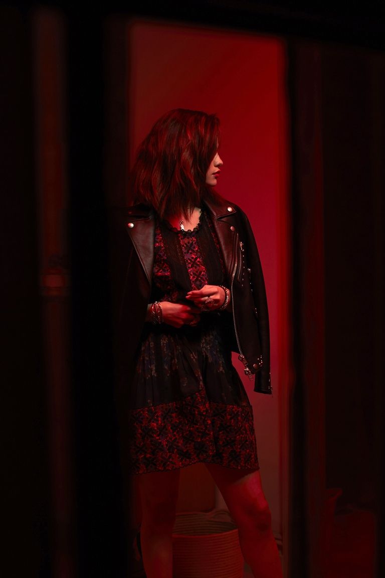 Selena Gomez leather jacket red and black dress coach x elena October 2017