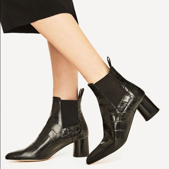 Zara Black Croc Embossed Leather Ankle Boots