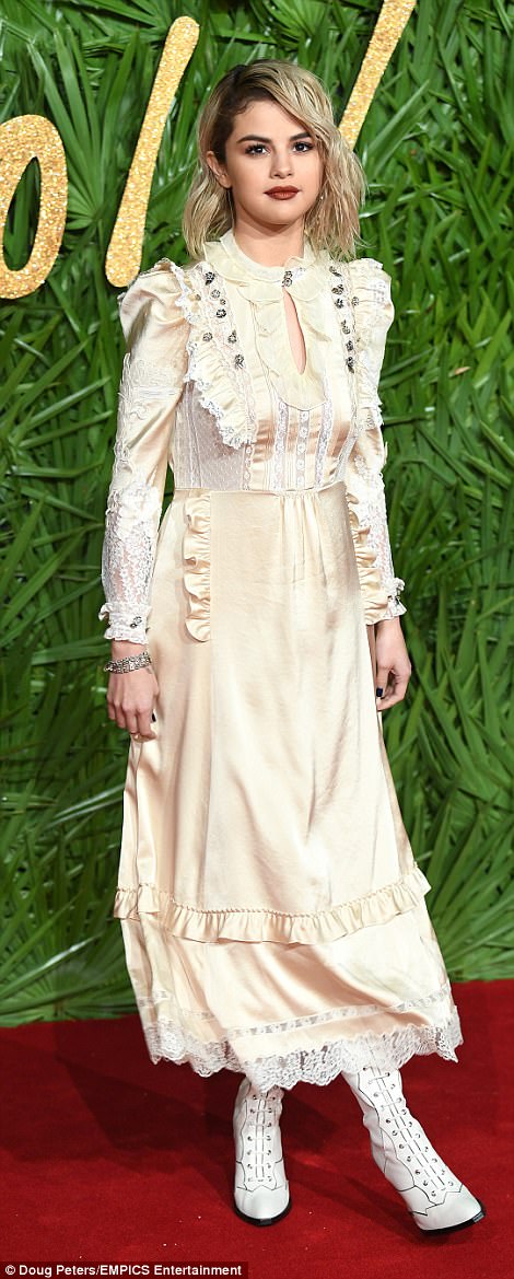 Selena Gomez cream maxi dress London Fashion Awards 2017 photo Doug Peters EMPICS entertainment