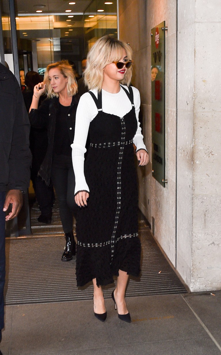 Selena gomez style black laces dress black pumps London December 2017