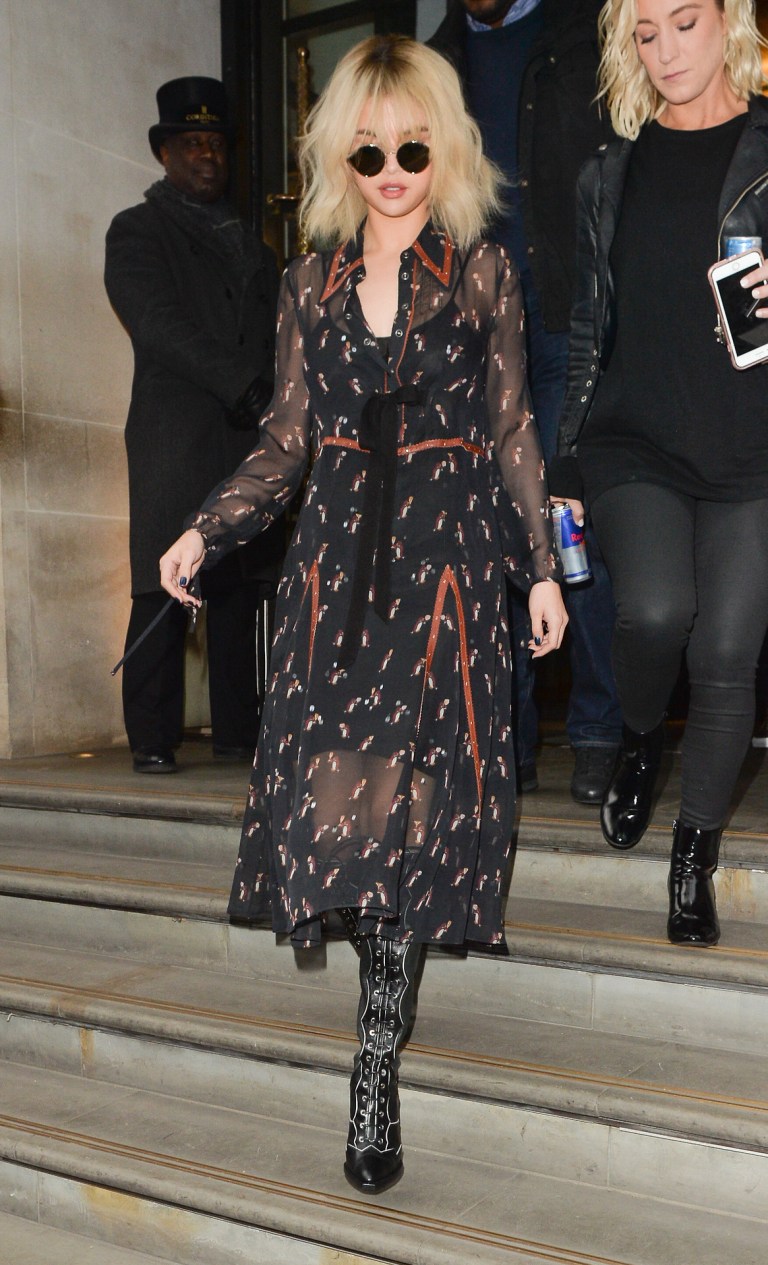 Selena Gomez style penguin chiffon dress London December 2017