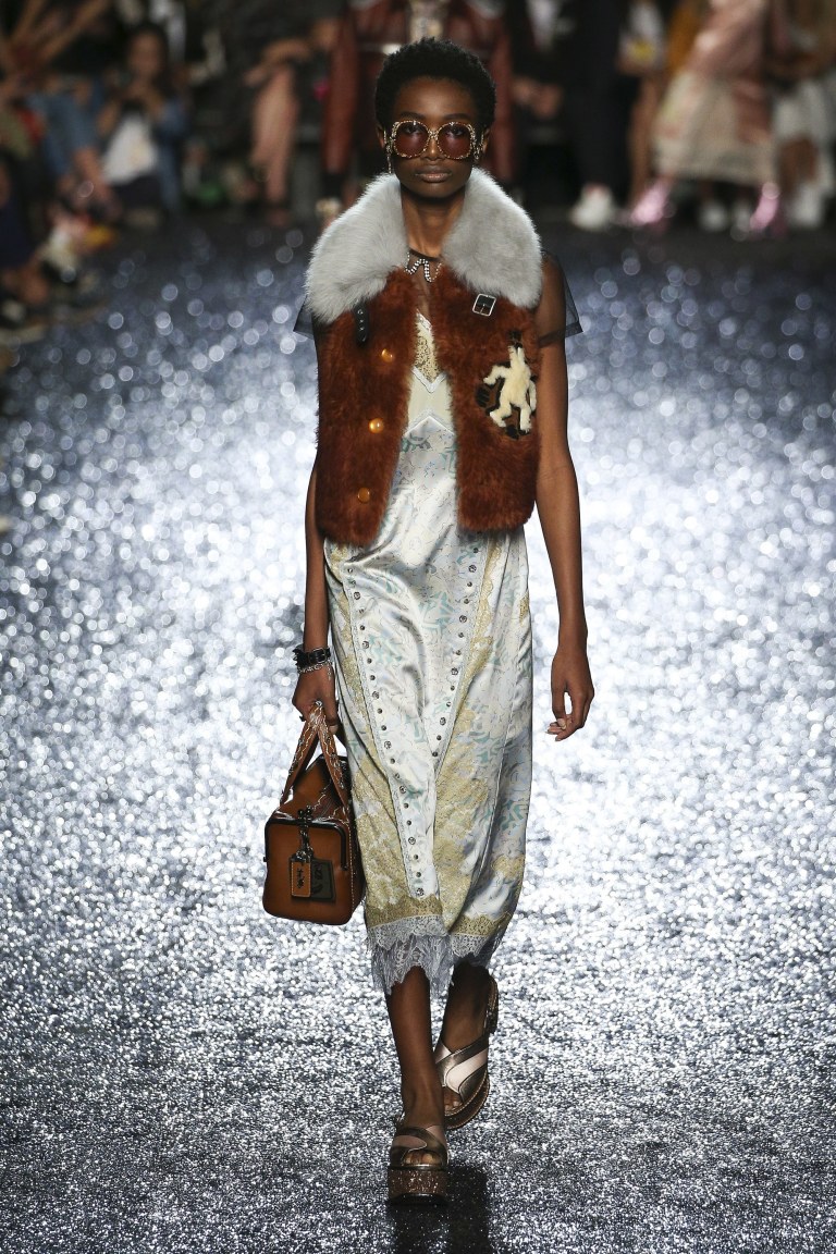 grey and tan faux fur gilet Coach SS18 photo Edward James