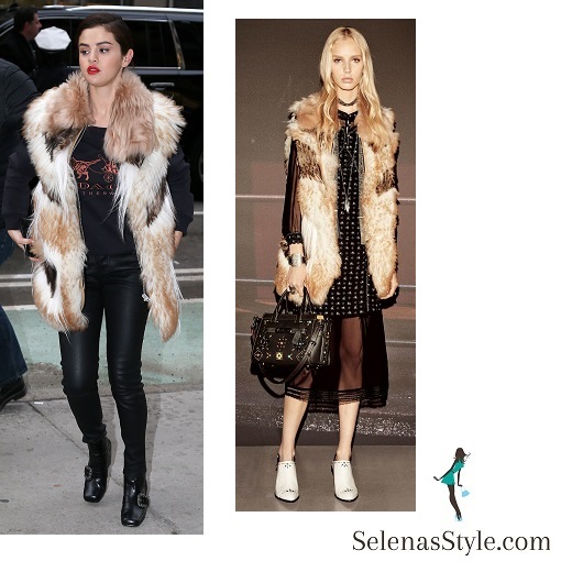 Selena gomez style black Coach t-shirt fur gilet black trousers black boots NY 16 January 2018