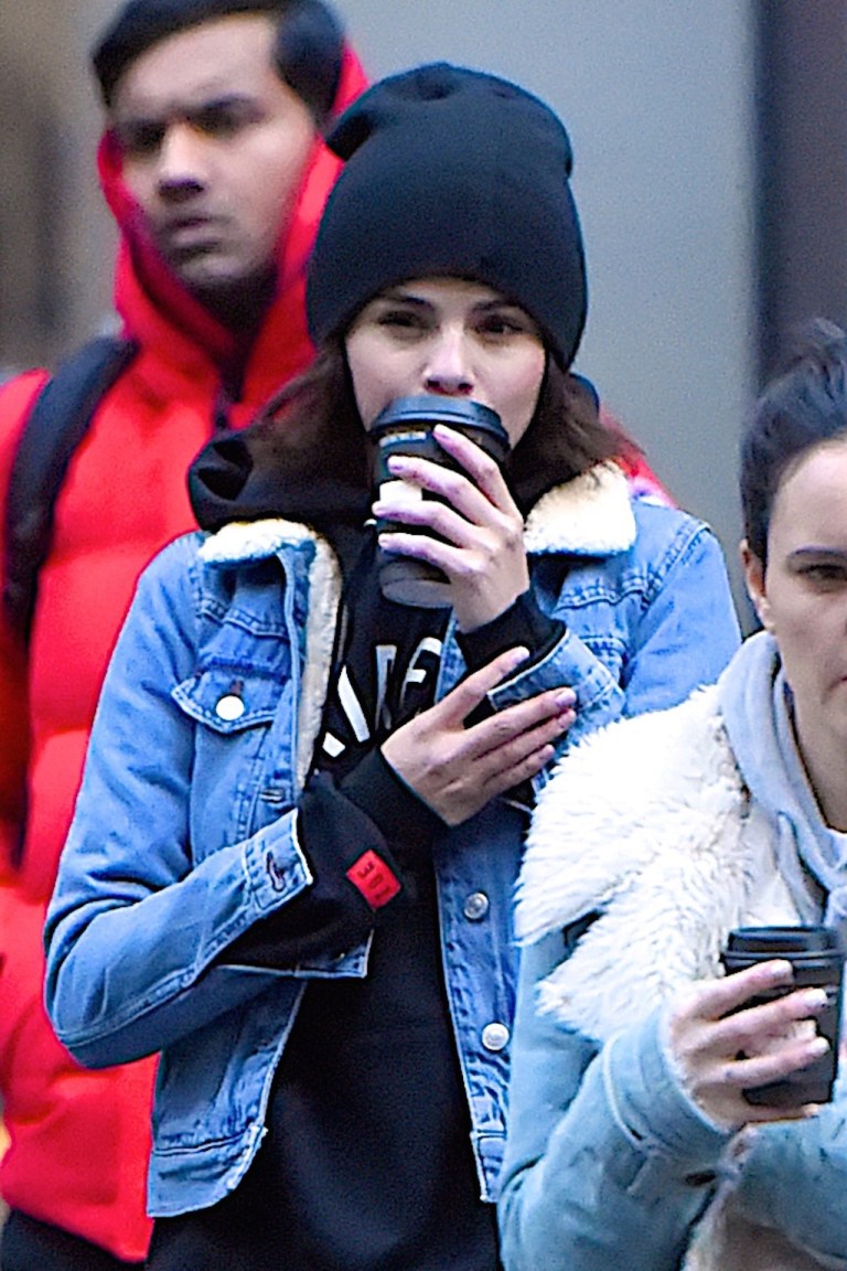 Selena Gomez style black Fairfax sweatshirt denim jacket with borg collar January 2018