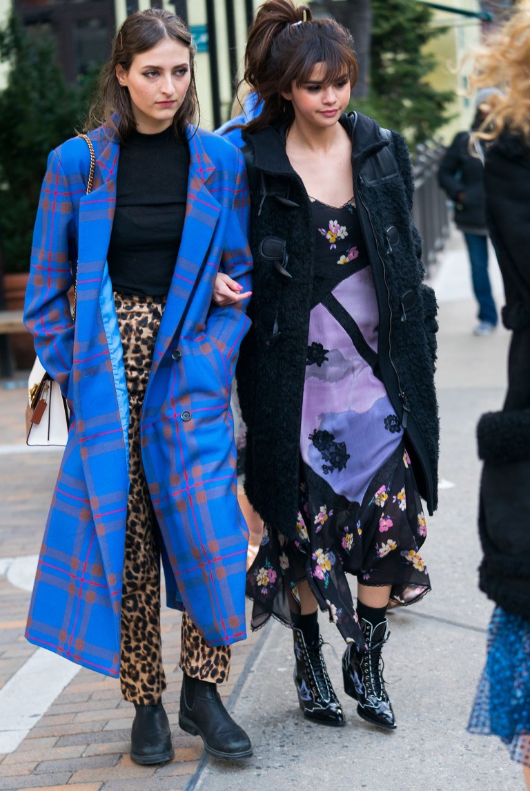 Selena Gomez floral dress black duffle coat NY February 2018