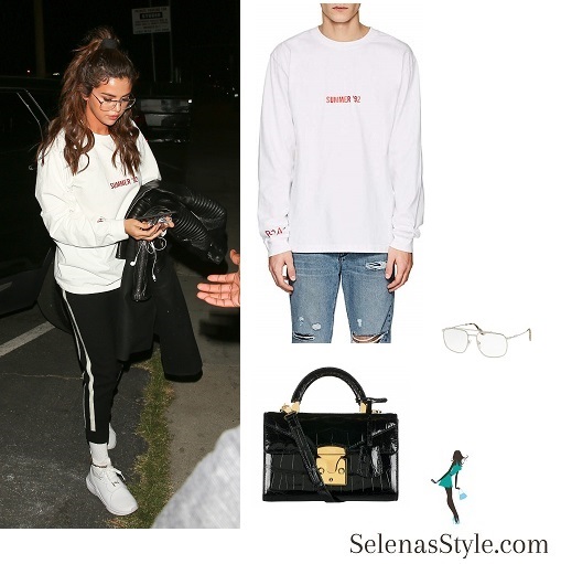 Selena Gomez style blog Summer 92 top white trainers black coat sunglasses February 22 2018