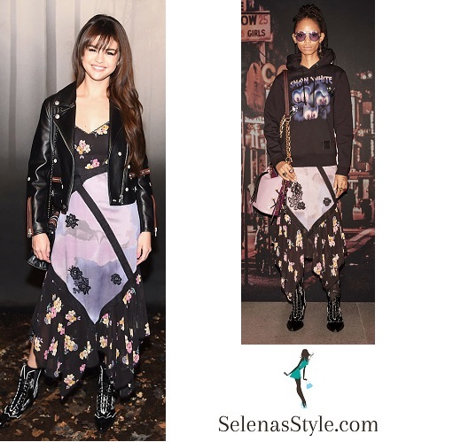 Selena Gomez style clothes fashion pink and black floral maxi dress black biker jacket pink and black padded bag February 2018