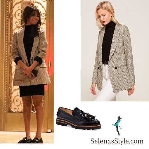Selena gomez style clothes outfit Justin Bieber Valentines day 2018 check jacket black loafers