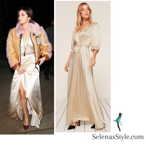 Selena gomez style cream satin maxi dress faux fur jacket burgundy pumps 2 February 2018