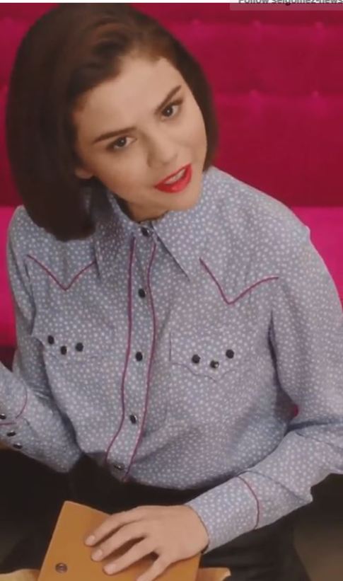 Selena Gomez style fashion clothes blue and white western shirt