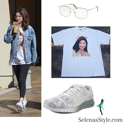 Selena Gomez style fashion clothes denim jacket Selena t-shirt sunglasses white trainers February 2018