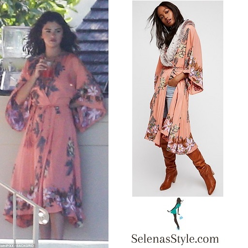 Selena Gomez style peach embroidered wrap dress February 2018