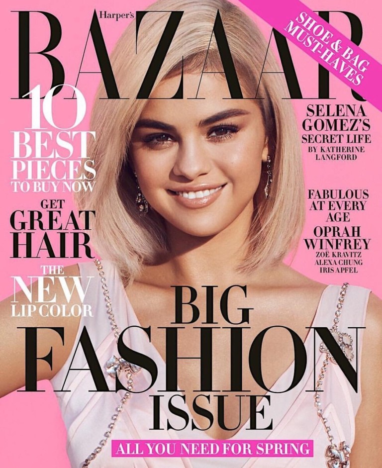 Selena Gomez style pink dress Harpers Bazaar March 2018 issue