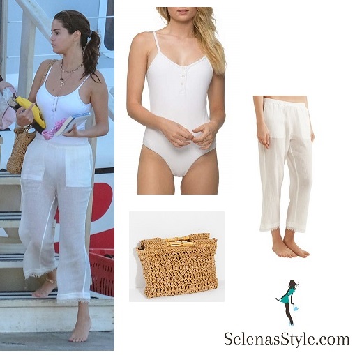 Selena Gomez style white one piece white trousers straw bag Jamaica February 2018