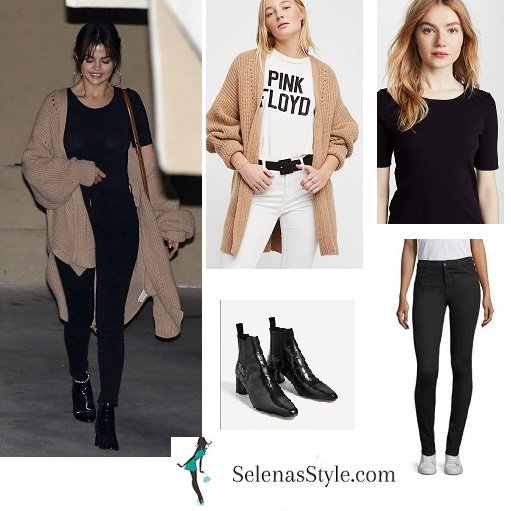 Selena Gomez style clothes outfit black t-shirt black jeans black ankle boots beige oversized cardigan March 2018