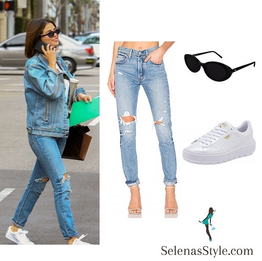 Selena Gomez style blog fashion outfit clothes blue denim jacket jeans white trainers black sunglasses MArch 2018