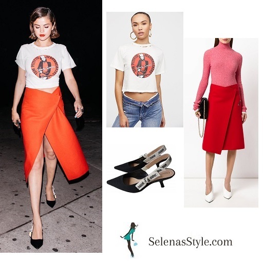 Selena gomez style clothes fashion blog Tom Petty t-shirt red wrap skirt March 2018