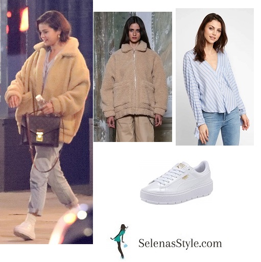 Selena Gomez style clothes outfit blog caramel fleece striped shirt jeans white trainers MArch 2018