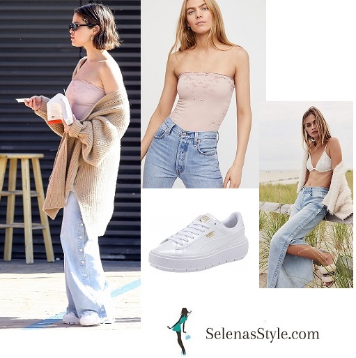 Selena Gomez style clothes outfit blog pink strapless top blue jeans beige cardigan white trainers black sunglasses March 2018
