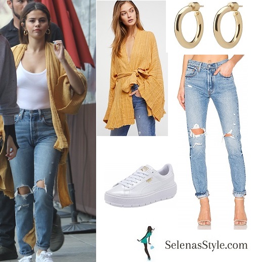 Selena Gomez style clothes outfit blog yellow kimono distressed jeans white sneakers gold hoop earrings March 2018