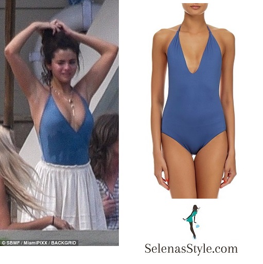 Selena Gomez style plunging blue swimsuit February 2018