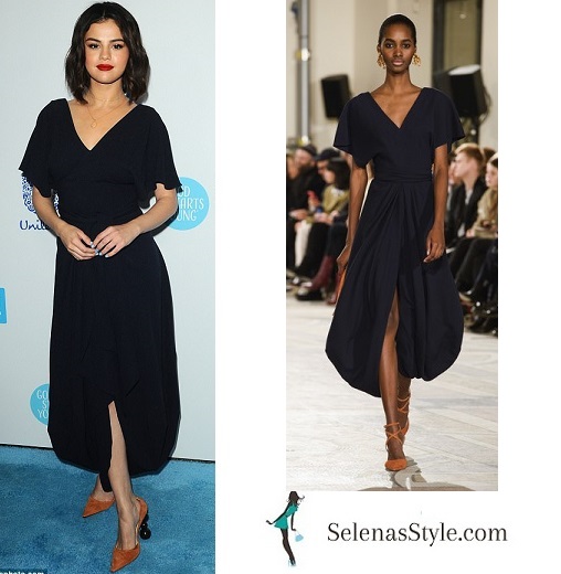 Selena Gomez style clothes outfit blog navy blue dress tan shoes WE Day april 2018