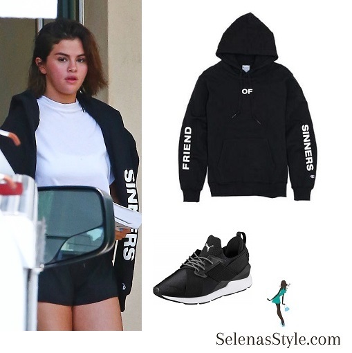 Selena Gomez style clothes outfit sinners jacket white top black shorts April 2018