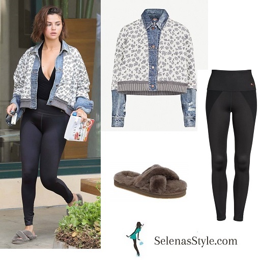 Selena Gomez style clothes outfit style black leggings grey fur slides denim and fabric jacket April 3 2018
