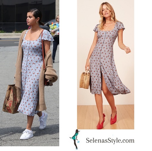 Selena Gomez style clothes outfits blog blue floral midi tea dress camel cardigan white sneakers April 1 2018
