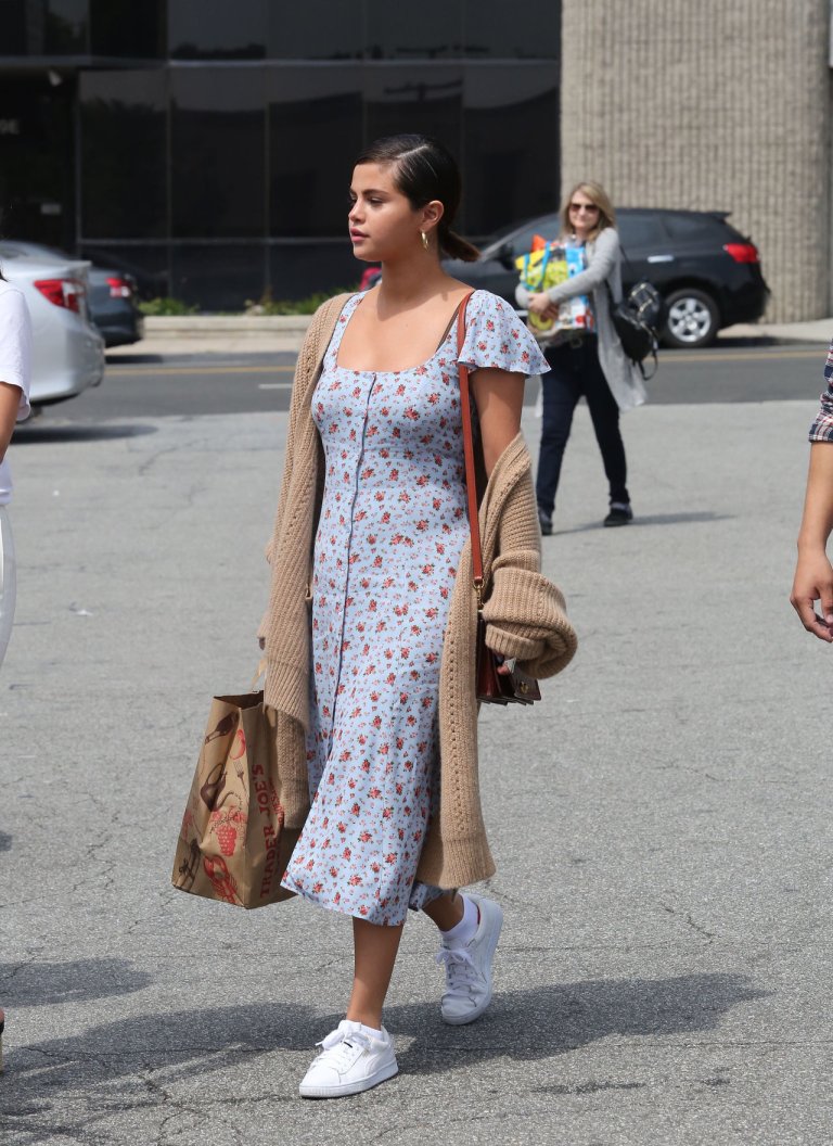Selena Gomez style clothes outfits blog blue floral midi tea dress camel cardigan white sneakers April 1 2018