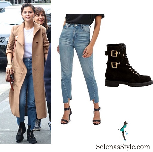 Selena Gomez style brown coat blue jeans black boots NY May 2018