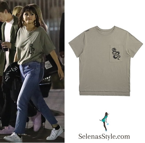 Selena Gomez style green t-shirt blue jeans white sneakers May 19 2018