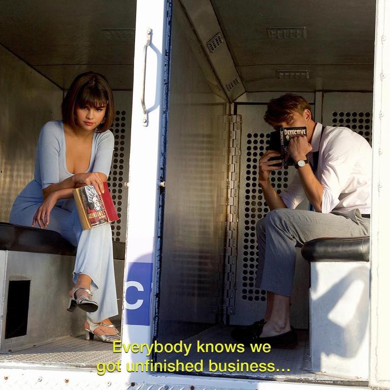 Selena Gomez style Back to you video blue top blue pants silver sandals