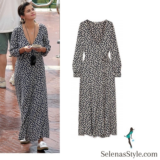 Selena Gomez style blog blue and white maxi wrap dress white loafers June 18 2018 Capri