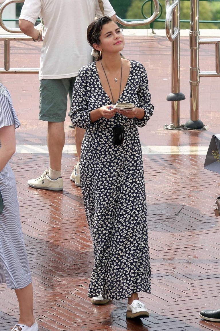 Selena Gomez style blog blue and hite maxi wrap dress white loafers June 18 2018