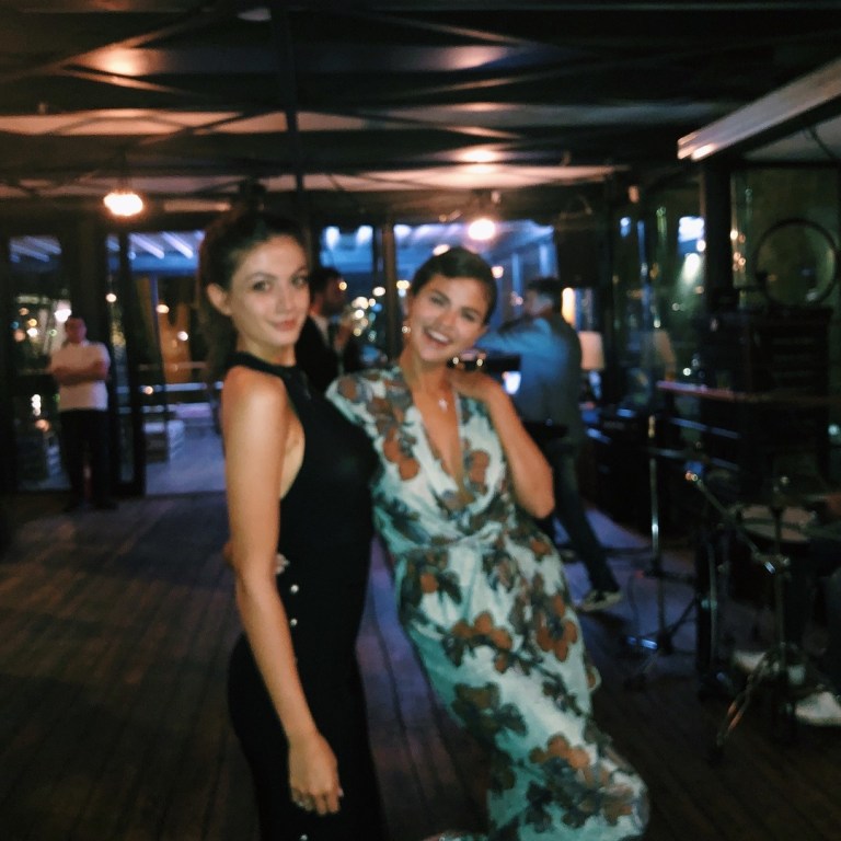 Selena Gomez style clothes outfit blog June 20 2018 green blue floral top and trousers Italy