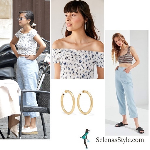 Selena Gomez style clothes outfit blog smocked top blue trousers white loafers Rome June 2018