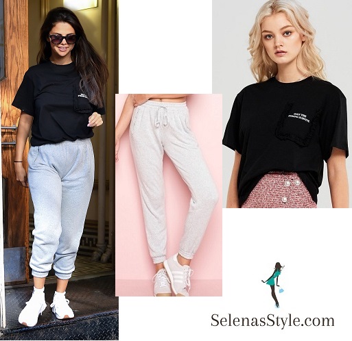 Selena Gomez style blog black t-shirt pale blue jogging pants white sneakers NY july 2018