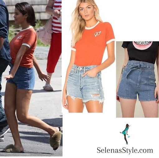 Selena Gomez style blog red and white t-shirt denim shorts fluffy slides 12 July 2018 instagram