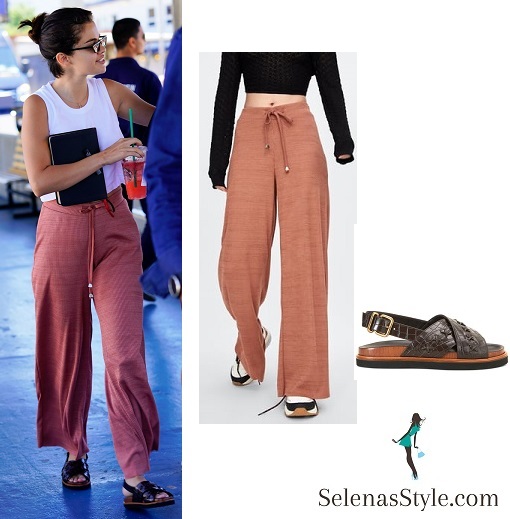 Selena Gomez style blog white top pink pants black slip on Coney Island July 2018
